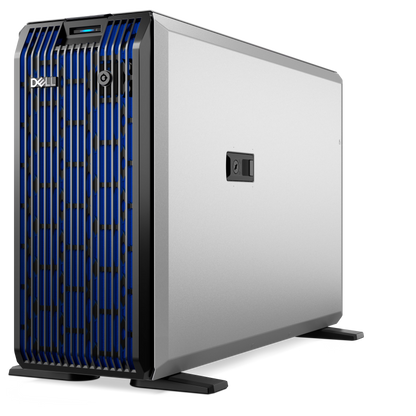 Dell T360 poweredge single-socket tower server in silver and blue with vertical cooling vents on the front panel