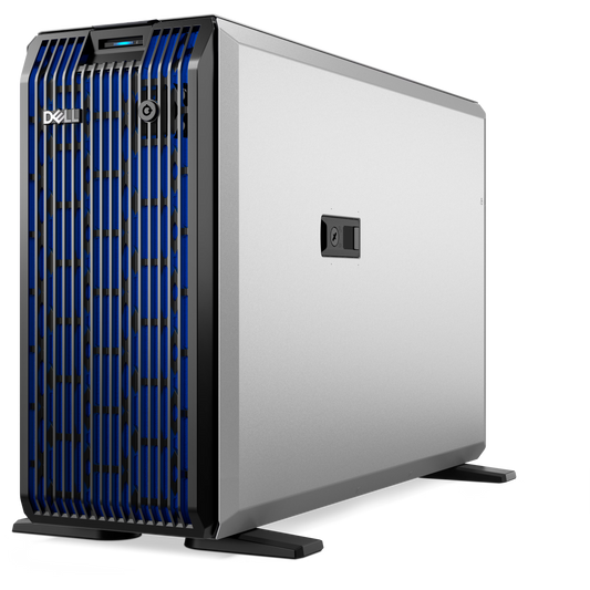 Dell T360 poweredge single-socket tower server in silver and blue with vertical cooling vents on the front panel