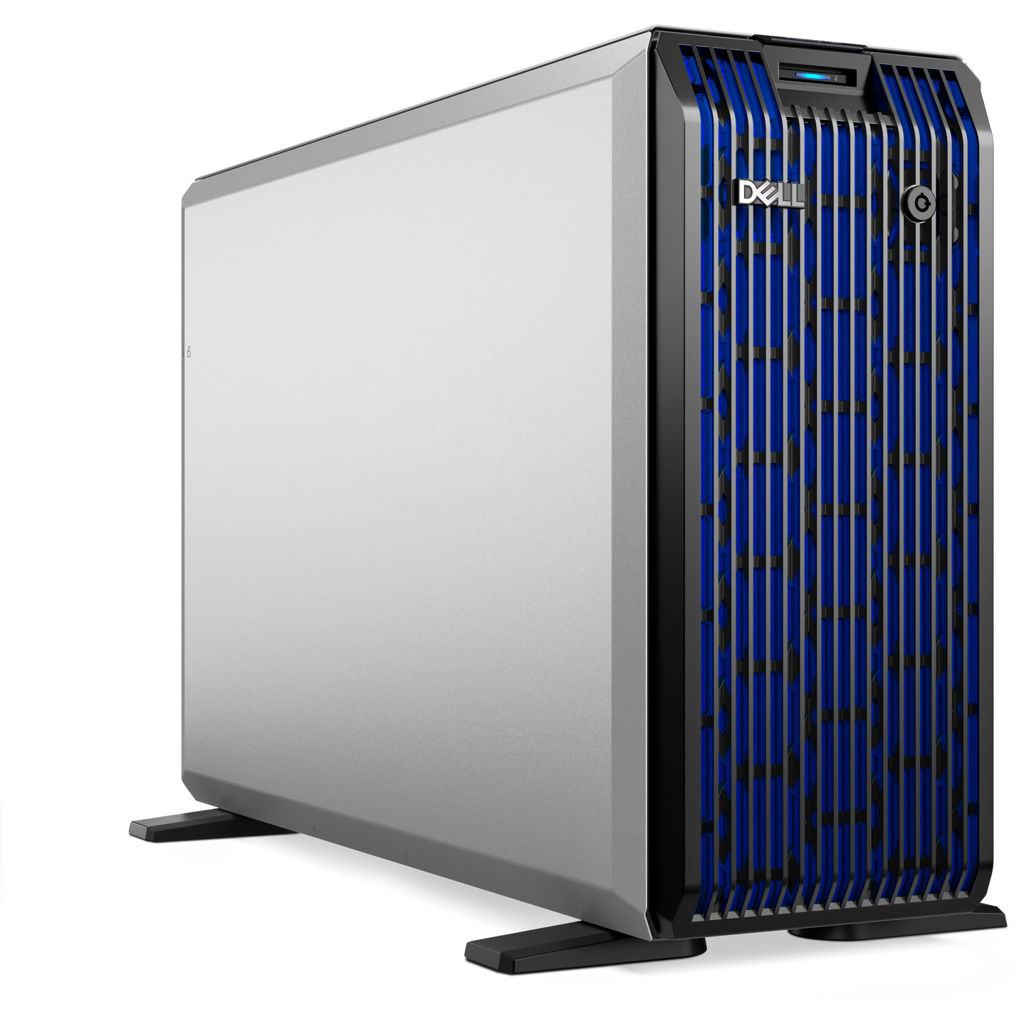 Dell PowerEdge T360 silver and blue single-socket tower server with vertical cooling vents and Xeon E-2400 processor