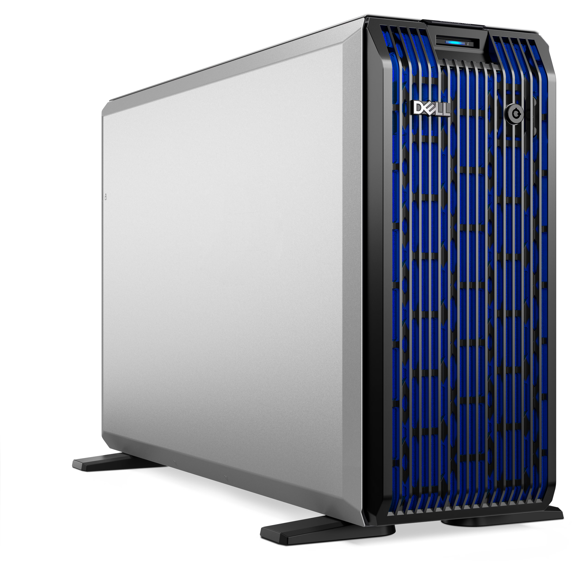 Dell PowerEdge T360 silver and blue single-socket tower server with vertical cooling vents and Xeon E-2400 processor