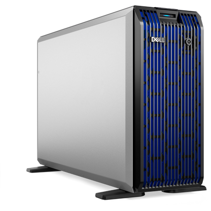 Dell PowerEdge T360 silver and blue single-socket tower server with vertical cooling vents and Xeon E-2400 processor