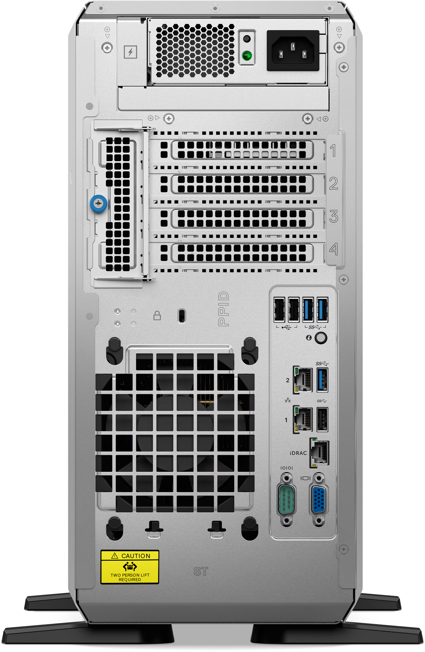 Back of silver dell t360 poweredge single-socket tower server with multiple expansion slots usb ports and top power supply