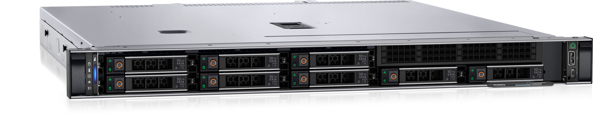Dell R350 1U rack server with silver chassis, black accents, and multiple drive bays
