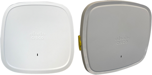 White and gray cisco c9130axi-z wi-fi 6 dual-band wireless access points with rounded square designs and internal antennas