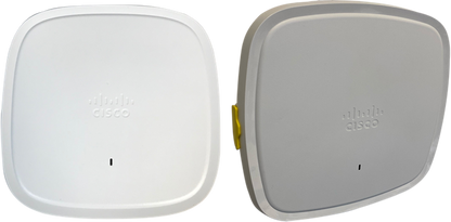 White and gray cisco c9130axi-z wi-fi 6 dual-band wireless access points with rounded square designs and internal antennas