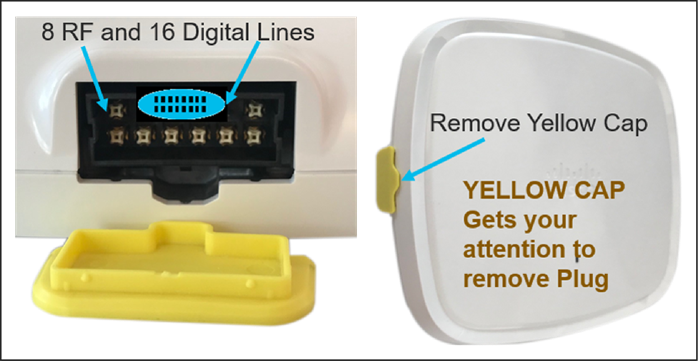 White plastic cisco c9130axe-z wifi 6 device backside with black connector housing and yellow user attention cap
