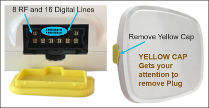 White plastic cisco c9130axe-z wifi 6 device backside with black connector housing and yellow user attention cap