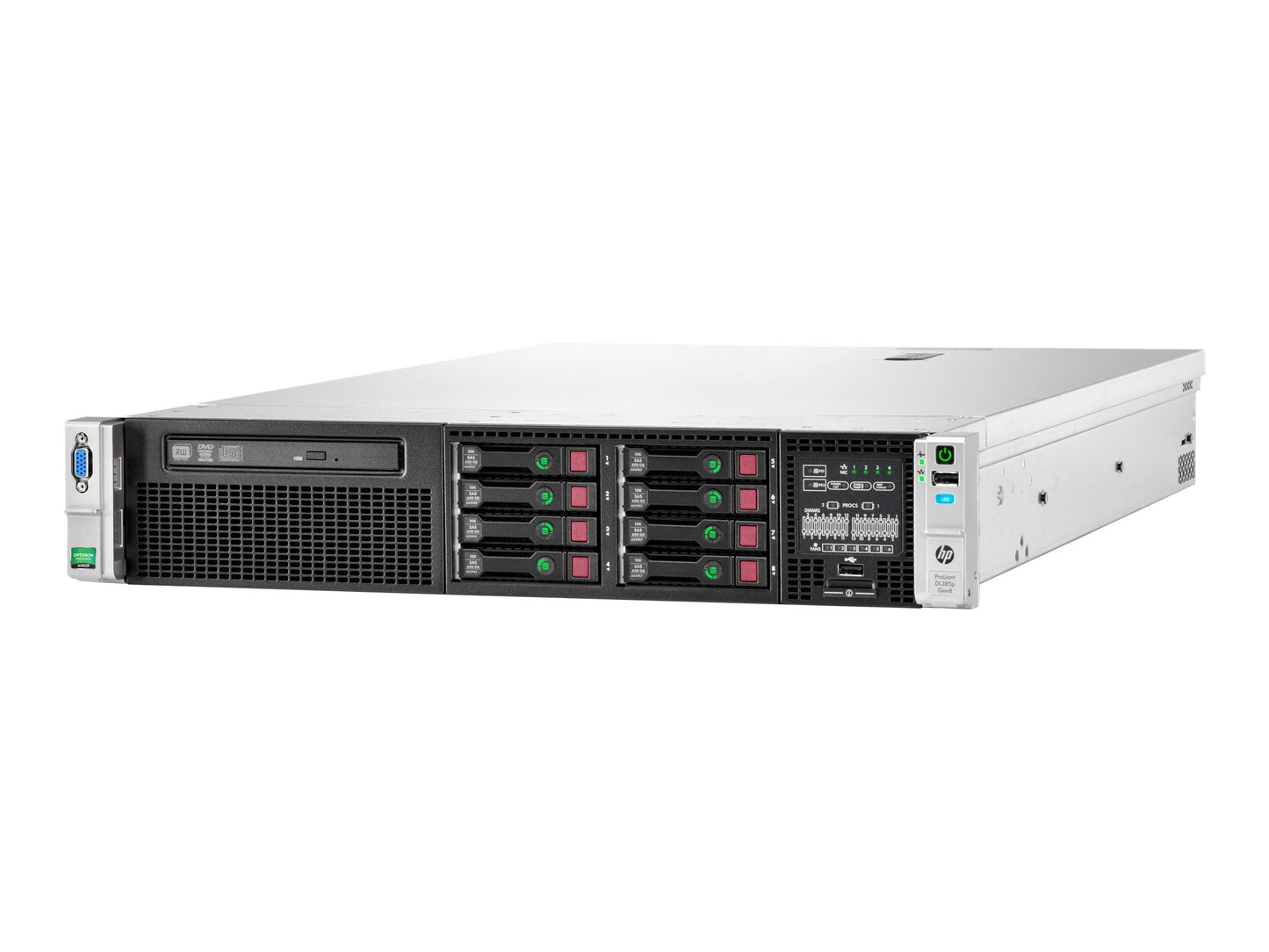 HPE HPE-DL385P-G8 | 2U rack | dual-socket AMD Opteron 6300 | up to 24x SFF or 8x LFF bays | Smart Array P420i RAID | up to 768GB DDR3 | 4x 1GbE (FlexLOM) | iLO 4 | redundant PSUs