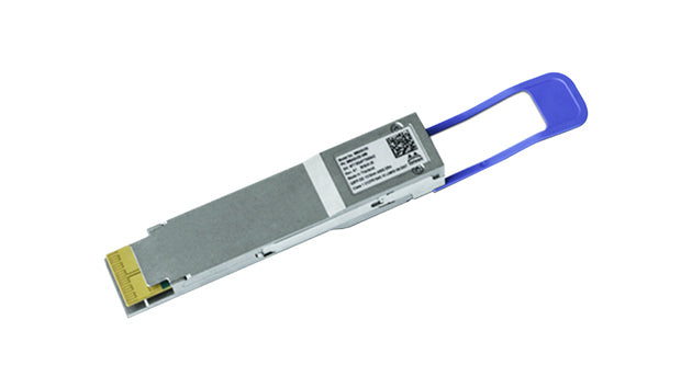 NVIDIA Mellanox 400GbE QSFP-DD SR8 silver transceiver with blue handle