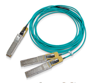 Teal fiber optic cable with silver SFP+ transceivers, NVIDIA 200G QSFP56 AOC 30m