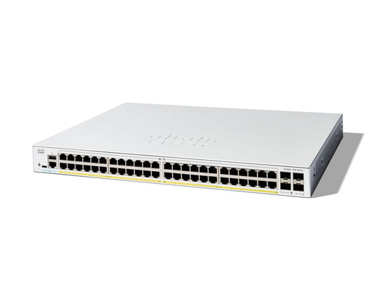 Cisco C1200-48P-4G | 48x 1G RJ45, PoE+ (802.3at); 4x 1G SFP uplinks; smart-managed, license-free