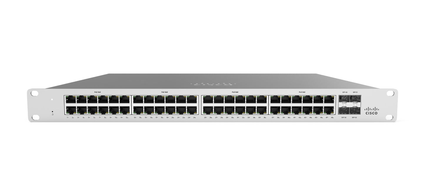 Meraki MS120-48FP-HW | 48x 1G access, PoE+ 802.3af/at 740W, 4x 1G SFP uplinks, L2 cloud-managed, Enterprise license