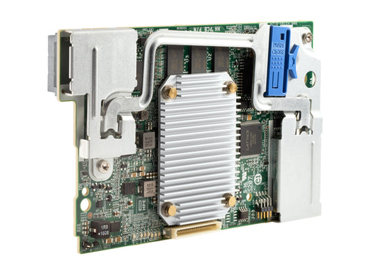Silver aluminum heat sink with finned design on green circuit board featuring white housing and blue push close connector for hpe 804367r-b21 sas raid card