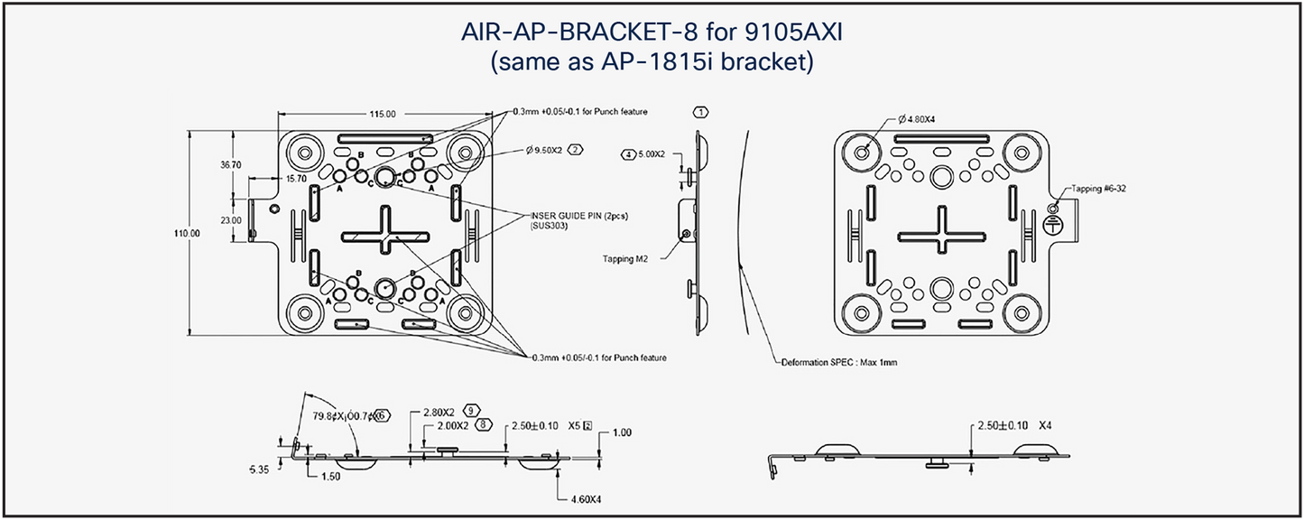 Technical schematic diagram of the air-ap-bracket-8 square metal mounting bracket for c9105 axi hardware installation