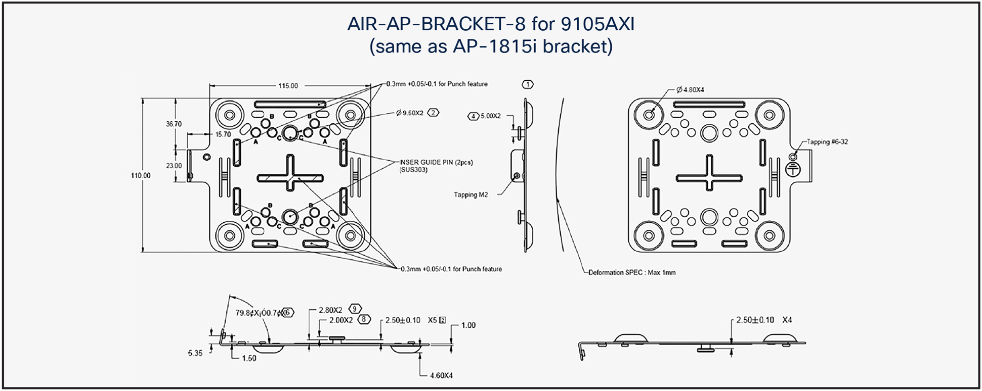 Technical schematic diagram of the air-ap-bracket-8 square metal mounting bracket for c9105 axi hardware installation