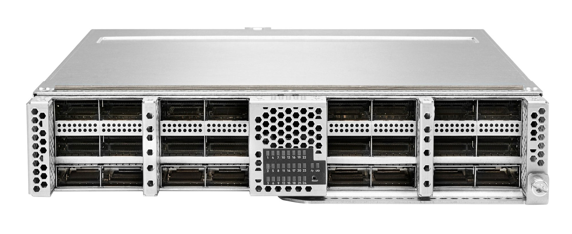 HPE 829910-B21 silver server rack with black mesh panels and 48x100Gb QSFP28 bays