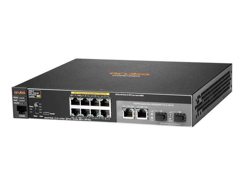 Aruba JL070A 2930F switch with 8x FE PoE+ RJ-45 ports and 2x 1G SFP uplinks