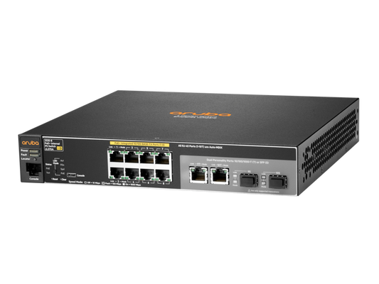 Aruba JL070A 2930F switch with 8x FE PoE+ RJ-45 ports and 2x 1G SFP uplinks