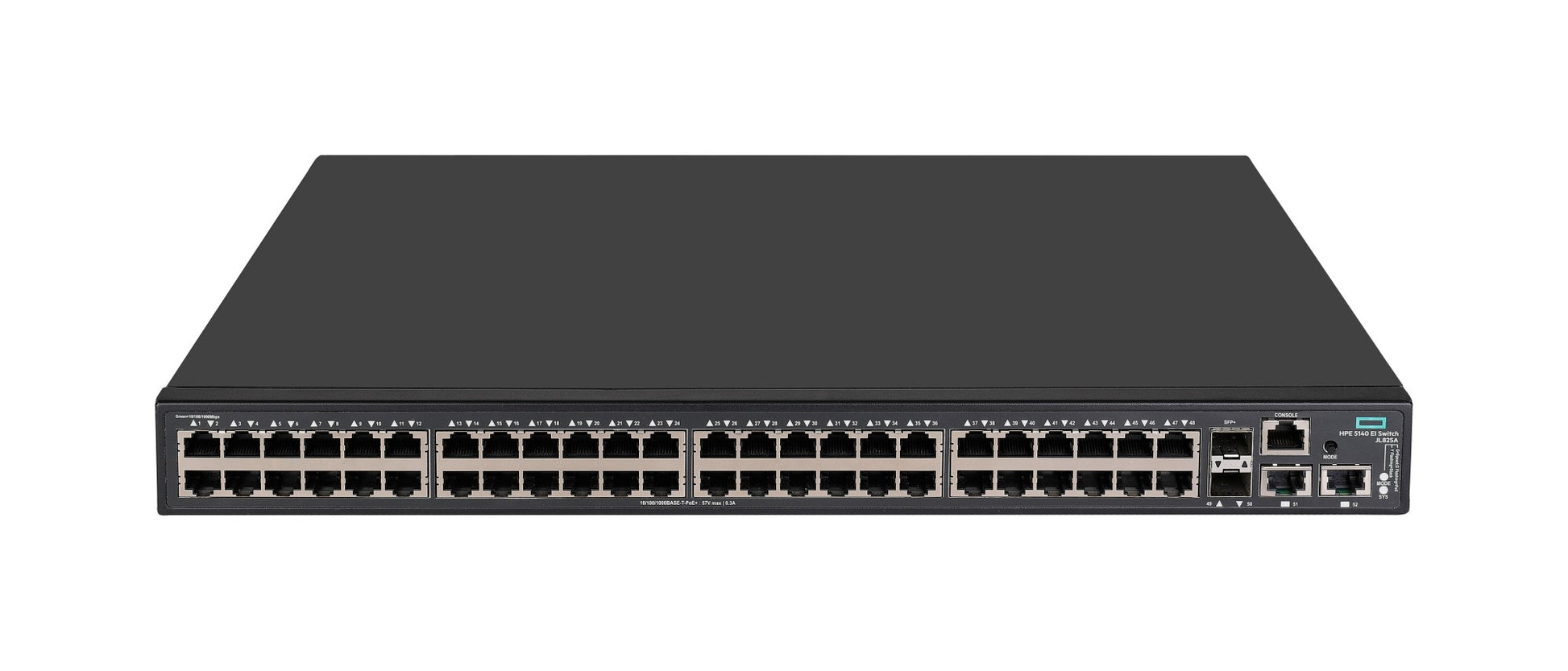 HPE JL825A black Cisco-style switch with 48x 1G PoE+ ports and 10G uplinks