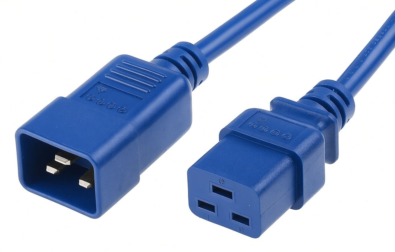 Blue plastic iec c20 to iec c19 power cable with two iec 320 c14 connectors 16a 1.5mm²