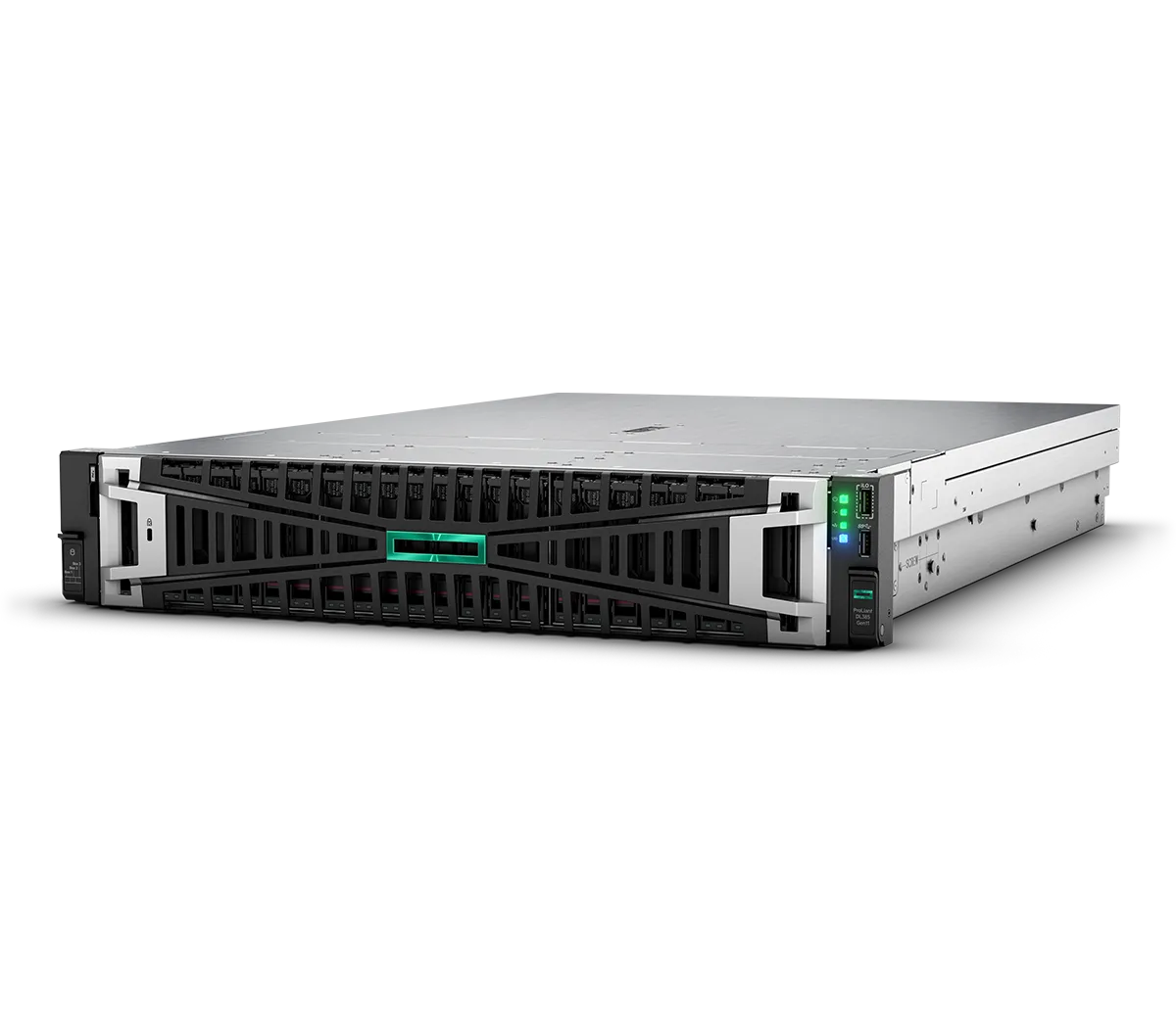Silver and black hp proliant dl380 gen10 server rack with green led indicators for enterprise data storage