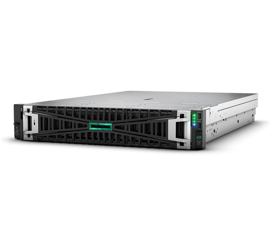 Silver and black hp proliant dl380 gen10 server rack with green led indicators for enterprise data storage