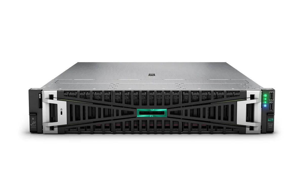 Silver and black hp proliant dl380 gen10 server rack with green illuminated panel in a dual amd epyc 2u server