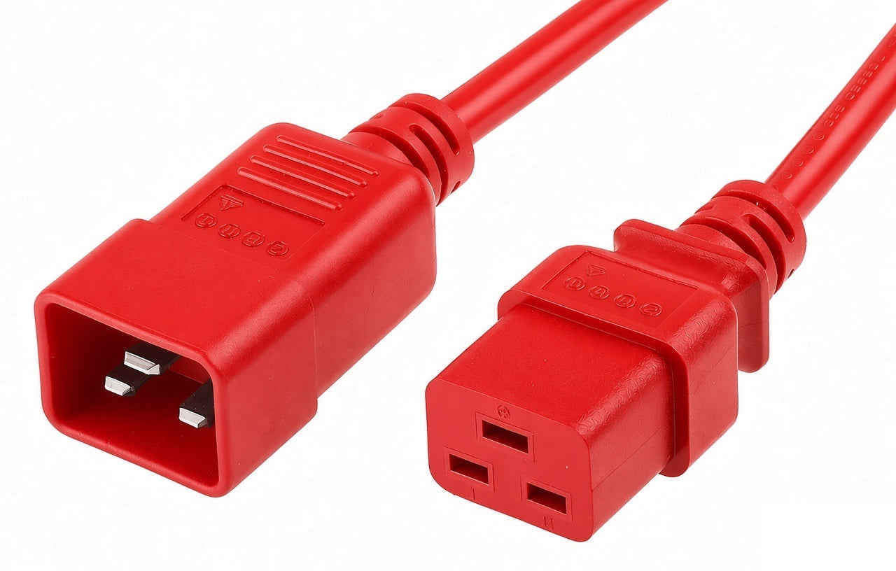 Red plastic iec c20 to iec c19 power cable with 16a rating and 1.5mm² thickness featuring two iec 320 c14 connectors