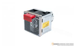 Black and red Dell power supply with yellow label in Arista FAN-7002H-F fan module