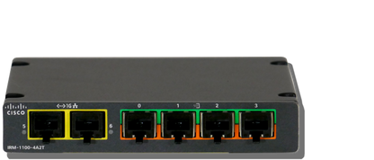 Cisco irm-1100-4a2t industrial expansion module with five ethernet ports two yellow three green orange and black accents side view