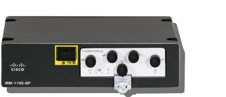 Black cisco irm-1100-sp industrial edge network switch with yellow ethernet port and four black rotary knobs front panel