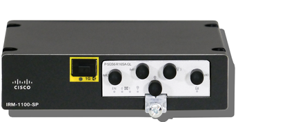 Black cisco irm-1100-sp industrial edge network switch with yellow ethernet port and four black rotary knobs front panel