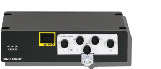 Black cisco irm-1100-sp industrial edge network switch with yellow ethernet port and four black rotary knobs front panel