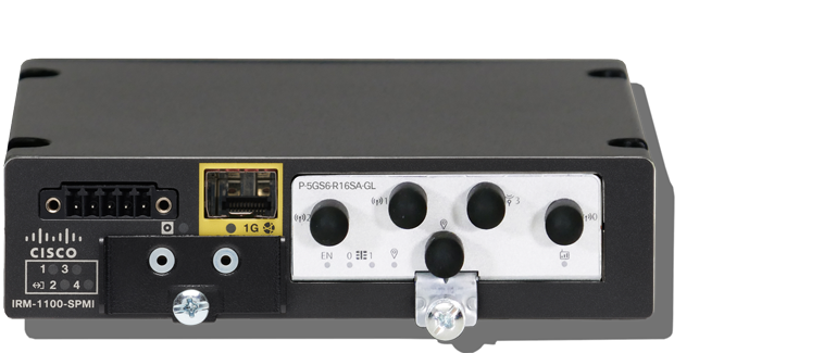 Black cisco irm-1100-spmi network interface module with yellow 1g ethernet port and four black knobs on white panel