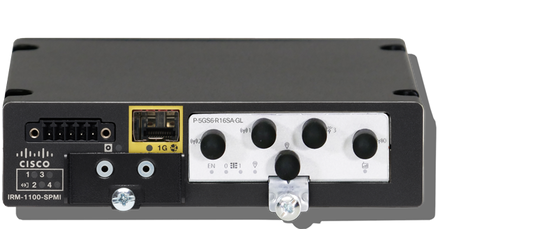 Black cisco irm-1100-spmi network interface module with yellow 1g ethernet port and four black knobs on white panel