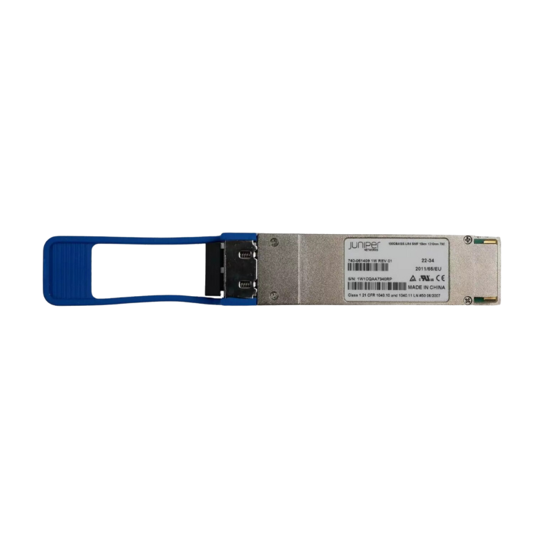 Juniper JNP-QSFP-100G-LR4 100G QSFP28 transceiver with blue silver connector