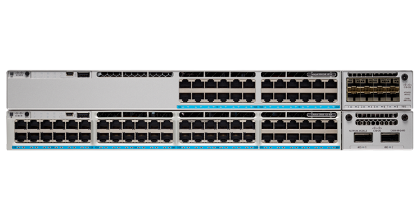 White cisco c9300-48p-e network switch with 48 black ethernet ports and blue led indicators on the front panel
