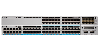 White cisco c9300-48p-e network switch with 48 black ethernet ports and blue led indicators on the front panel