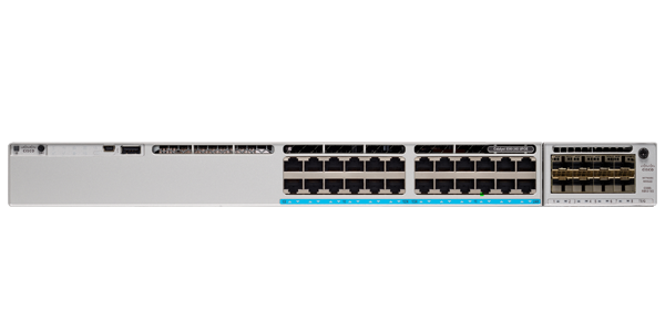 Silver-colored cisco catalyst 9300 24-port gigabit poe+ switch with multiple ethernet ports and blue led indicator strip