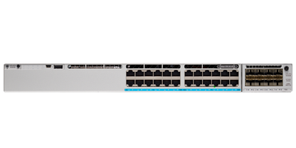 Silver-colored cisco catalyst 9300 24-port gigabit poe+ switch with multiple ethernet ports and blue led indicator strip