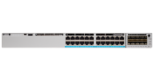 Silver-colored cisco catalyst 9300 24-port gigabit poe+ switch with multiple ethernet ports and blue led indicator strip