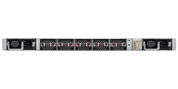 Silver-colored cisco catalyst 9500 24-port 10g sfp+ switch with black fans and red indicator lights on sleek metallic rack