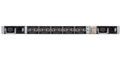 Silver-colored cisco catalyst 9500 24-port 10g sfp+ switch with black fans and red indicator lights on sleek metallic rack