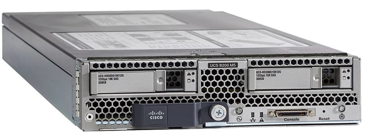 Cisco UCSB-B200-M5 | B200 M5 half-width blade | 2-socket Intel Xeon Scalable | 24x DDR4 DIMM slots (up to 3 TB) | 0x drives installed (supports up to 2x 2.5") | 1x mLOM + 1x mezz | no CPU/memory/HDD/mezz