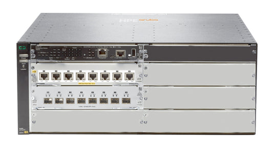 Aruba JL002A | 8x 1/2.5/5/10G PoE+ (802.3at) | 8x 10G SFP+ uplinks | L3 feature set (base) | 6-slot chassis (no PSU)