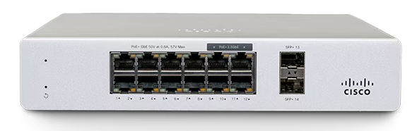 Meraki MS130-12X-HW | 12-port L2 (8x 1G + 4x 2.5G mGig) | PoE+ (802.3at) 240W | 2x 10G SFP+ uplinks | Enterprise license