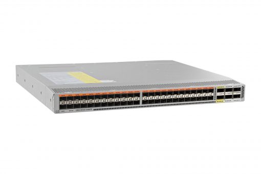 Cisco N2K-C2348UPQ12F silver switch with 48x SFP+ ports and yellow label