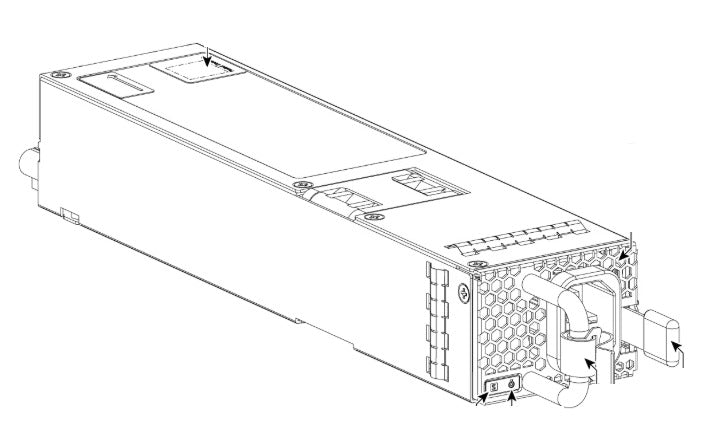 Black cisco c9k-pwr-1100wdc catalyst 9550 1100w dc titanium power supply back with honeycomb grille and cable connectors