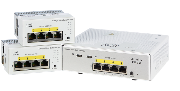 Cisco CMICR-4PT | 4x 1G PoE+ access (802.3at), 2x 1G RJ45 uplinks, L2 managed