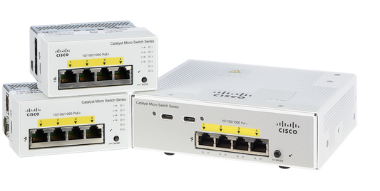 Cisco CMICR-4PT | 4x 1G PoE+ access (802.3at), 2x 1G RJ45 uplinks, L2 managed